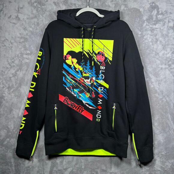 Born Fly Black Diamond Fly Hoodie Mens Large Neon Graphic Ski Theme - Picture 1 of 9